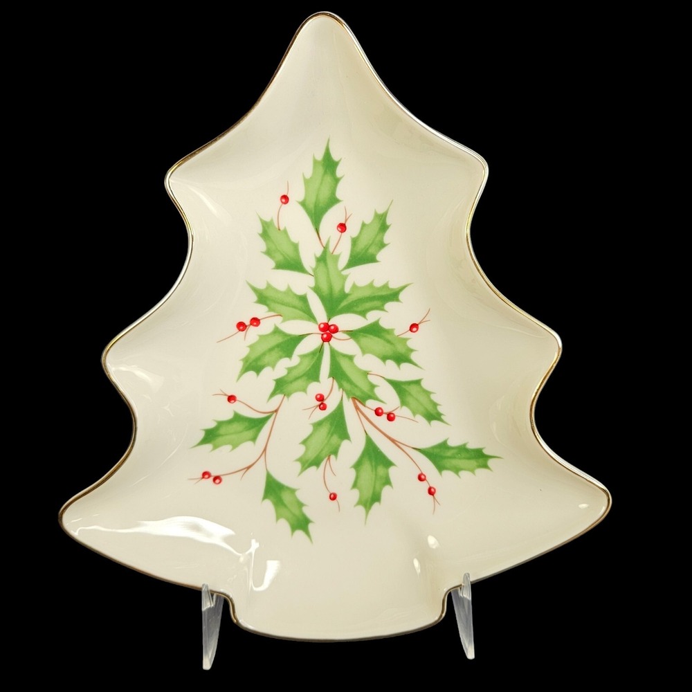 Lenox Tree Shaped Dish Christmas Candy Snack Cookie Gold Trim Holiday Coll Box